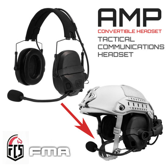 FMA & FCS OPS AMP TACTICAL HEADSET HEAD & HELMET SWAPPABLE - BK