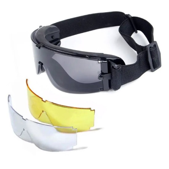 X800 Style Tactical Goggles with 3 Lenses - Black